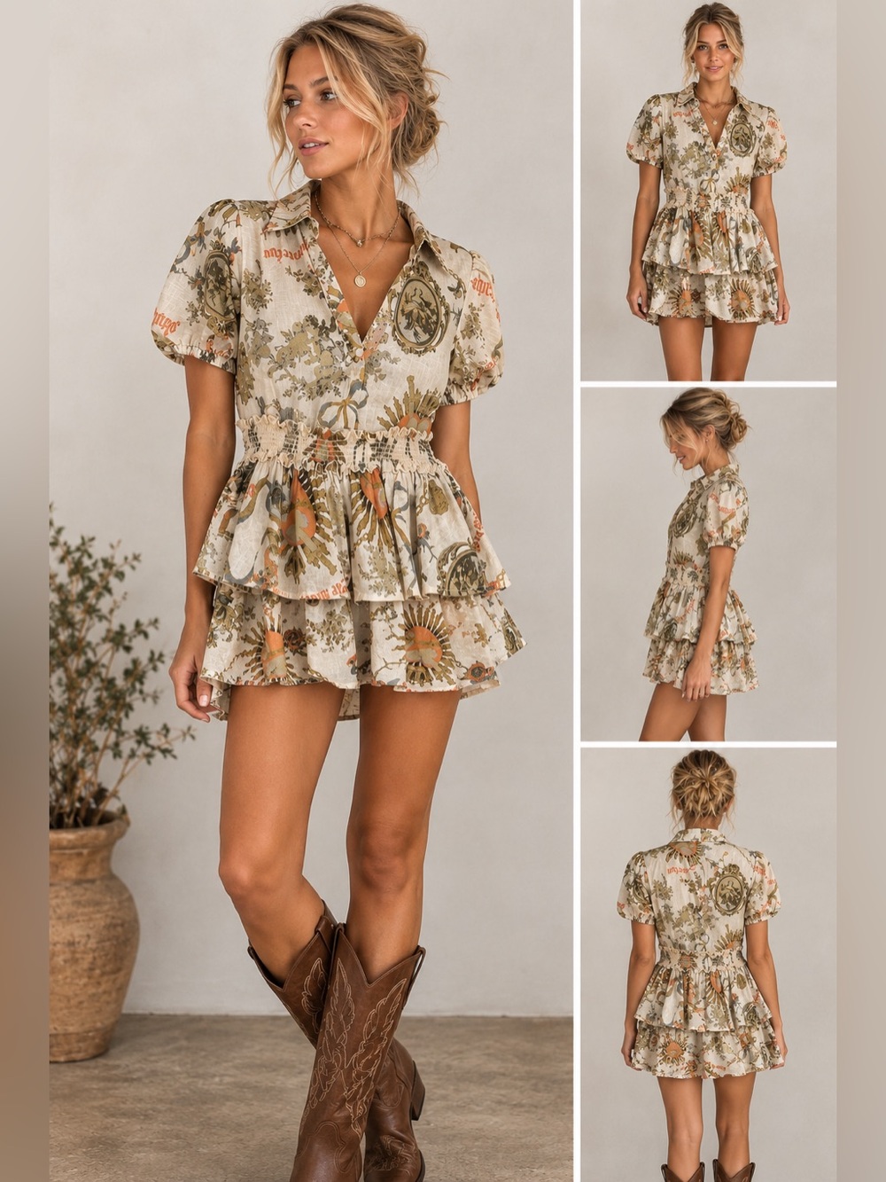 Kimchi Blue Beige Floral Crest Tiered Mini dress small petite